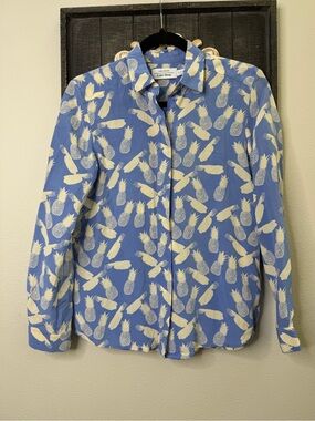 Paris Atelier & Other Stories 100% Silk Blue Shirt with Cream Pineapple Print